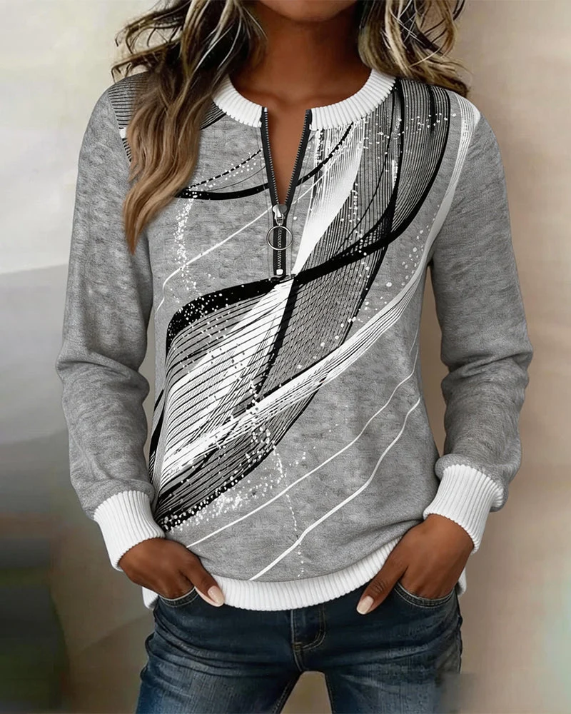 Sweatshirt Col Rond Fermeture Éclair Ligne Manches Longues