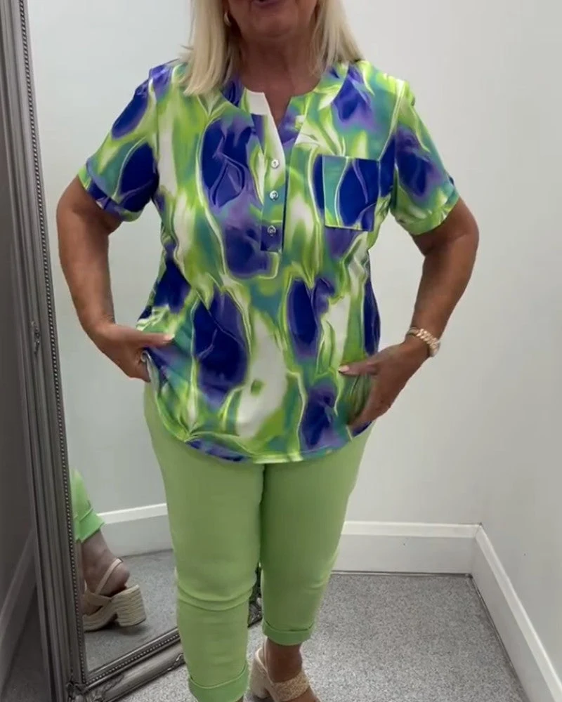 Blouse Col Henley Imprimé Ombre Manches Courtes Poche
