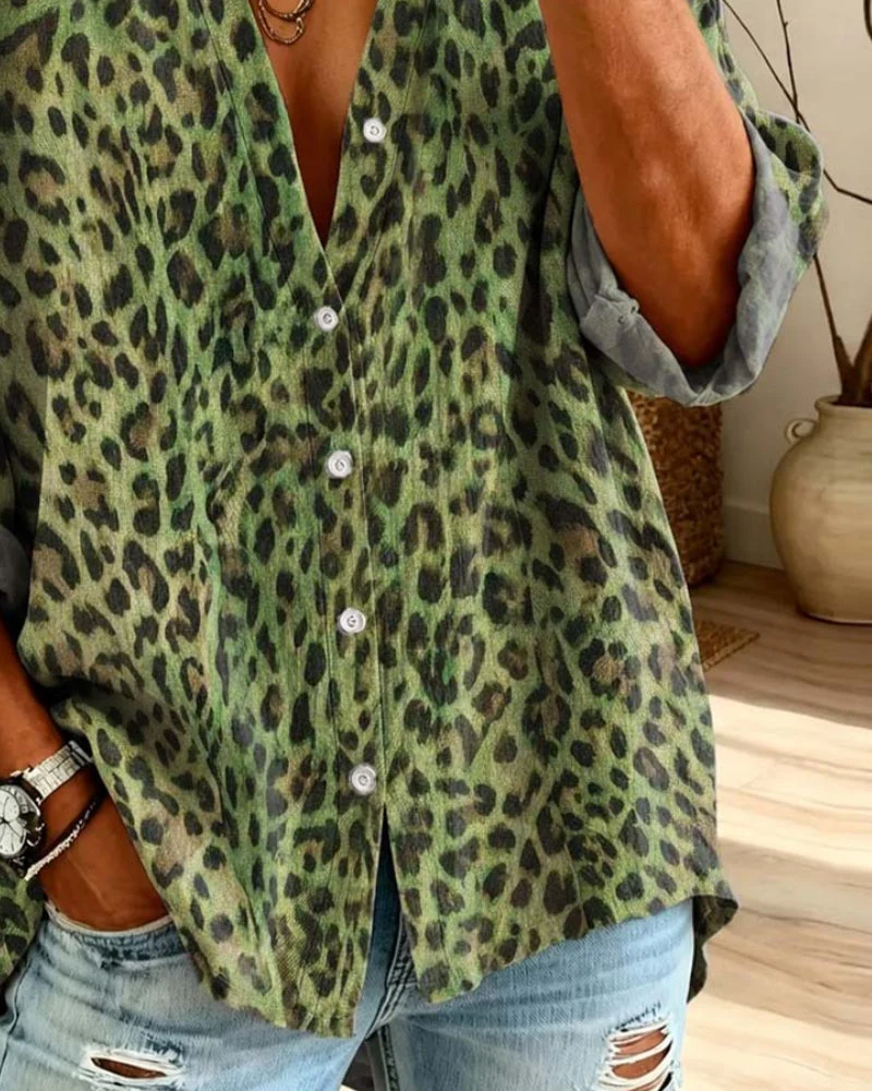 Chemise Col En V Bouton Léopard Manches Longues