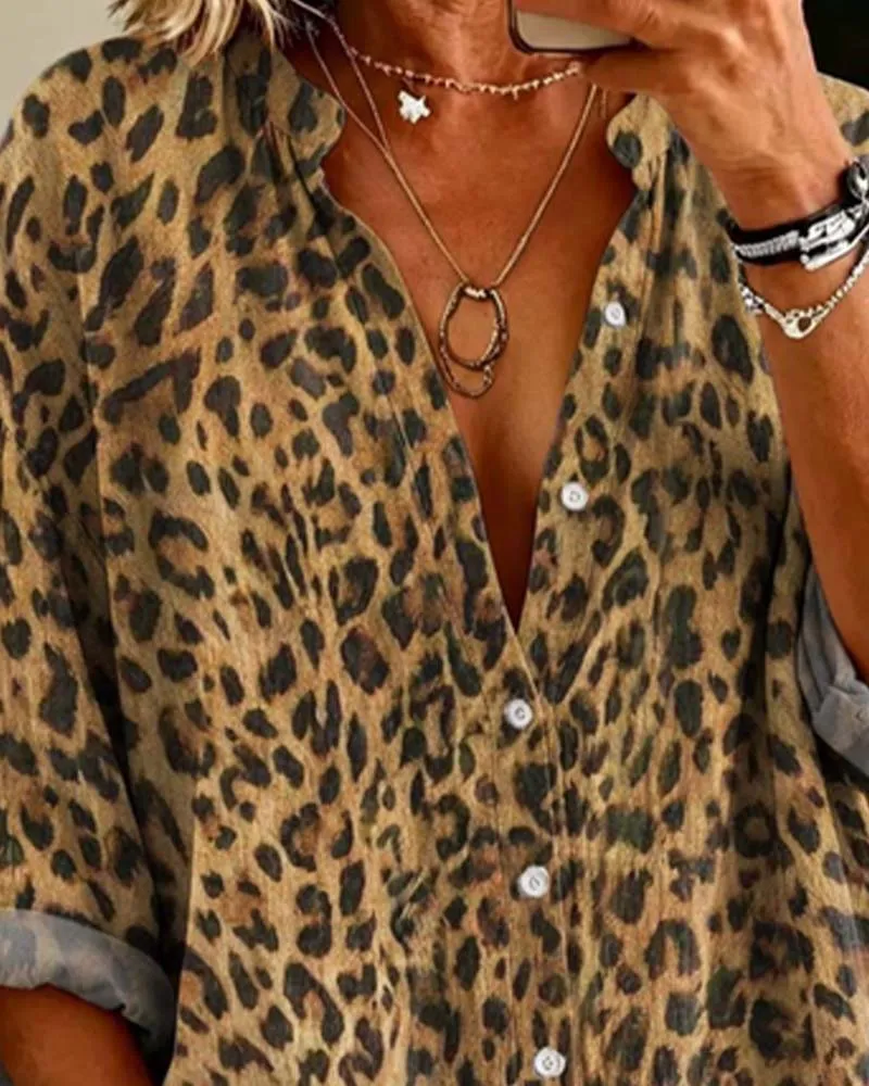 Chemise Col En V Bouton Léopard Manches Longues