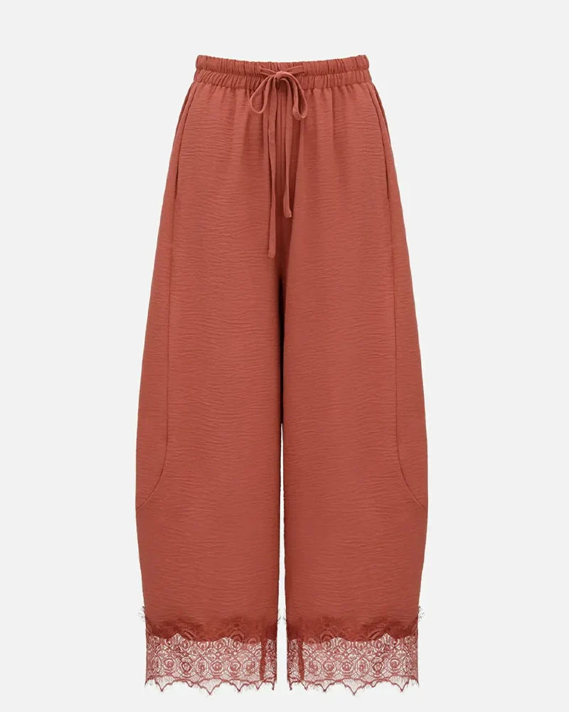 Pantalon Taille Élastique Panneau Dentelle Décontracté