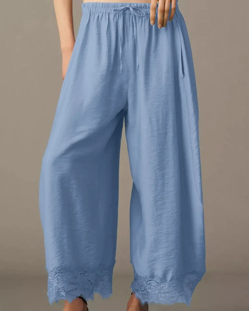 Pantalon Taille Élastique Panneau Dentelle Décontracté