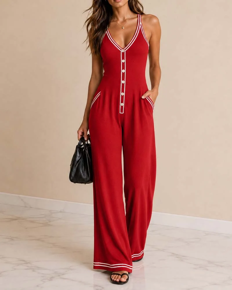 Jumpsuit Sans Manches Contraste Bretelle Spaghetti