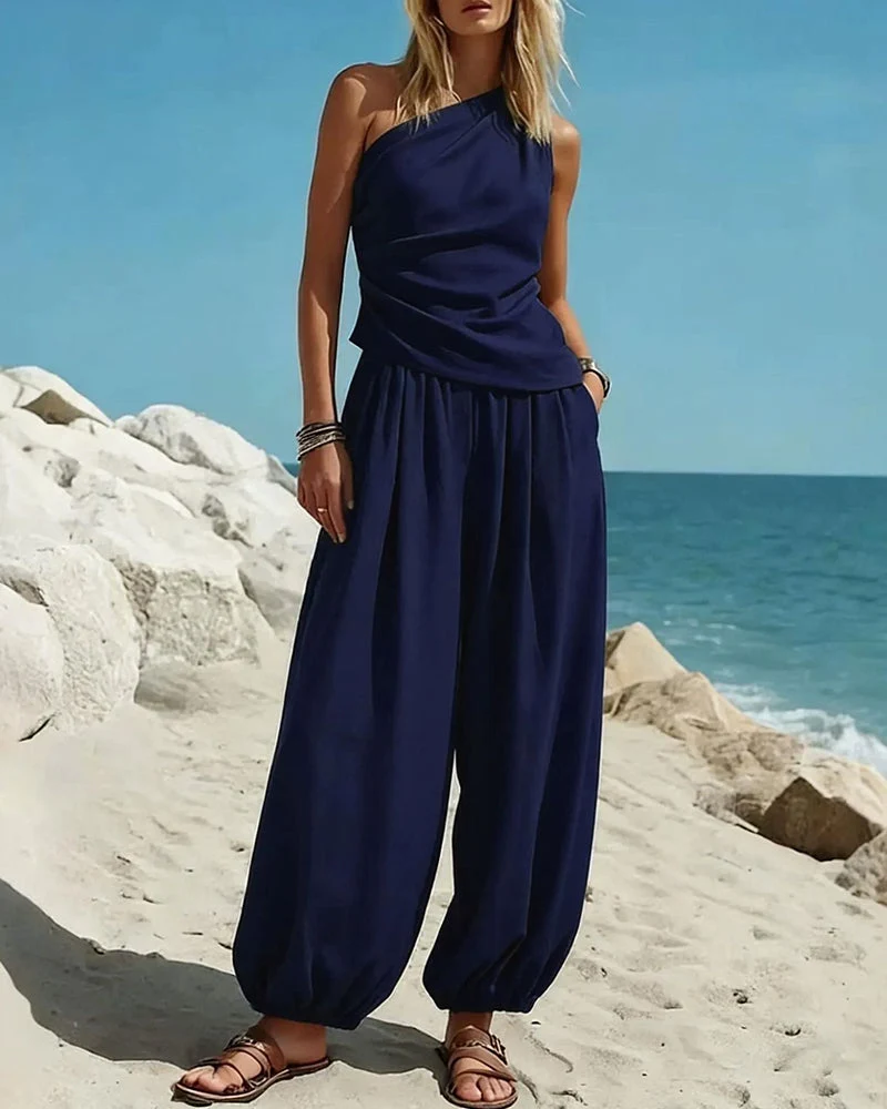 Set Haut Tank Top Une Épaule Taille Haute Pantalon