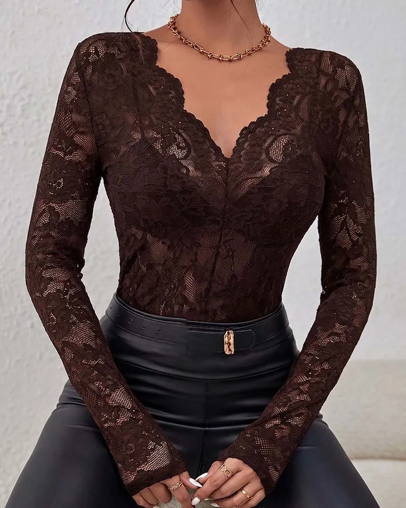 Blouse Bordure Dentelle Manches Longues
