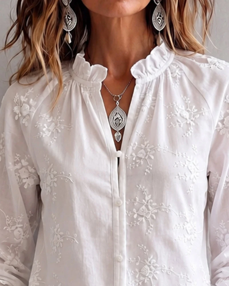 Blouse Bordure Volant Col Mandarin