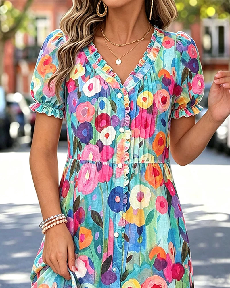 Robe Col V Bouton Manche Bouffante