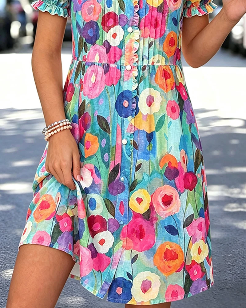 Robe Col V Bouton Manche Bouffante