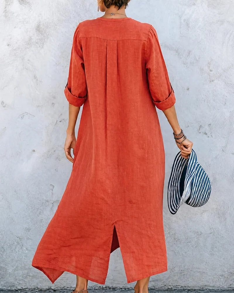Robe Col En V Bouton Coupe A Longue