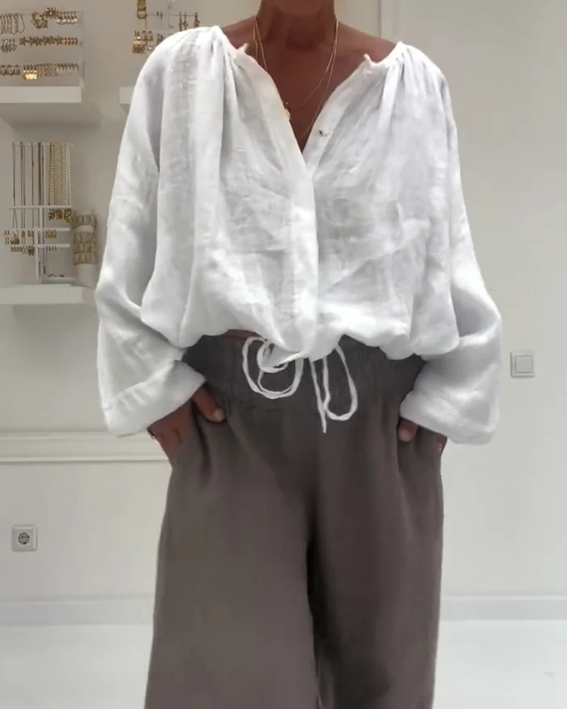 Blouse 100 % Coton Manches Longues Froncée Lien