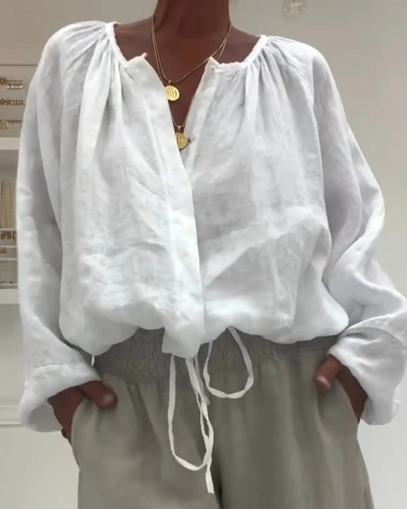 Blouse 100 % Coton Manches Longues Froncée Lien