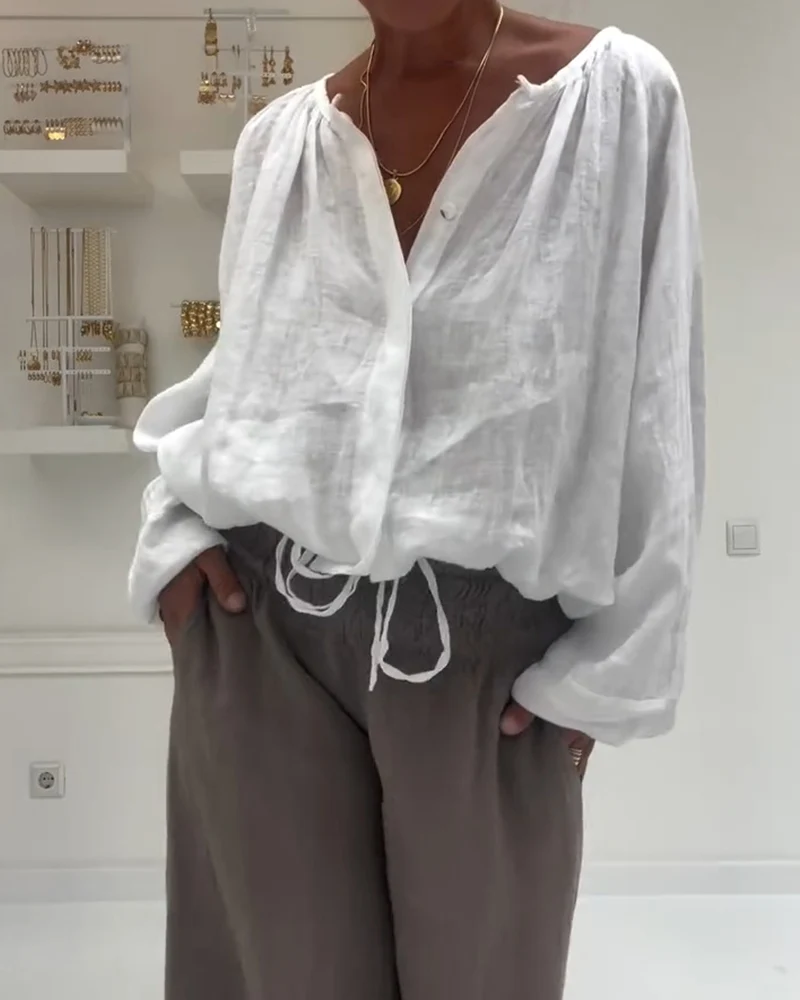 Blouse 100 % Coton Manches Longues Froncée Lien