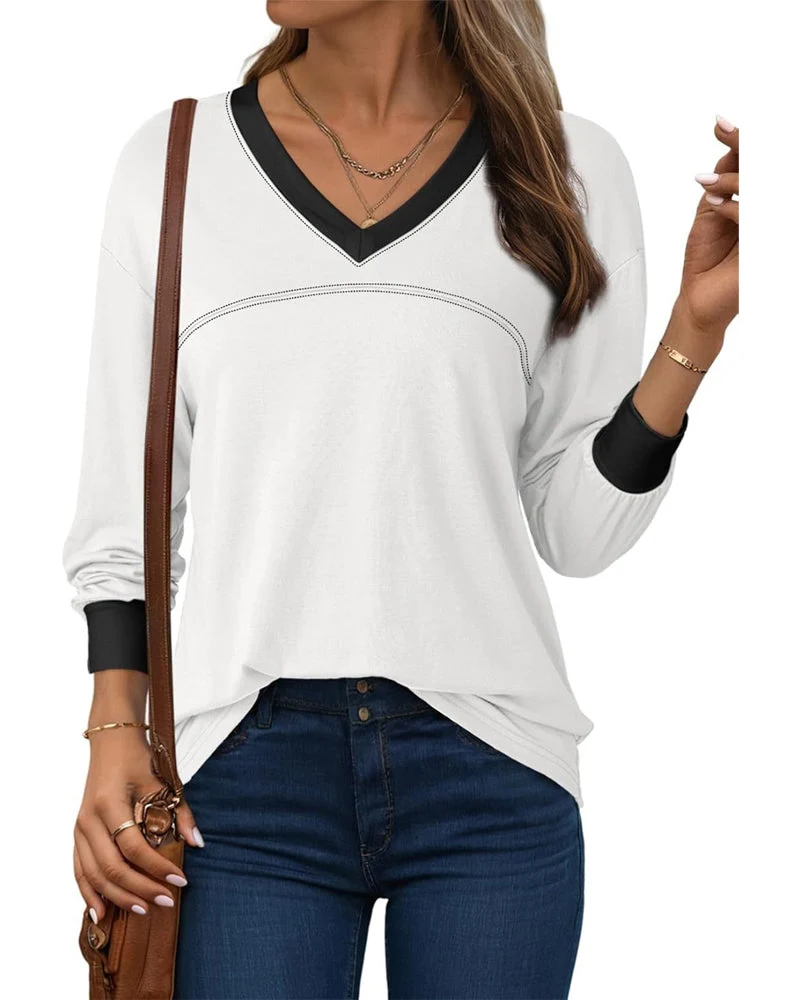 Blouse Contraste Col En V Décontractée