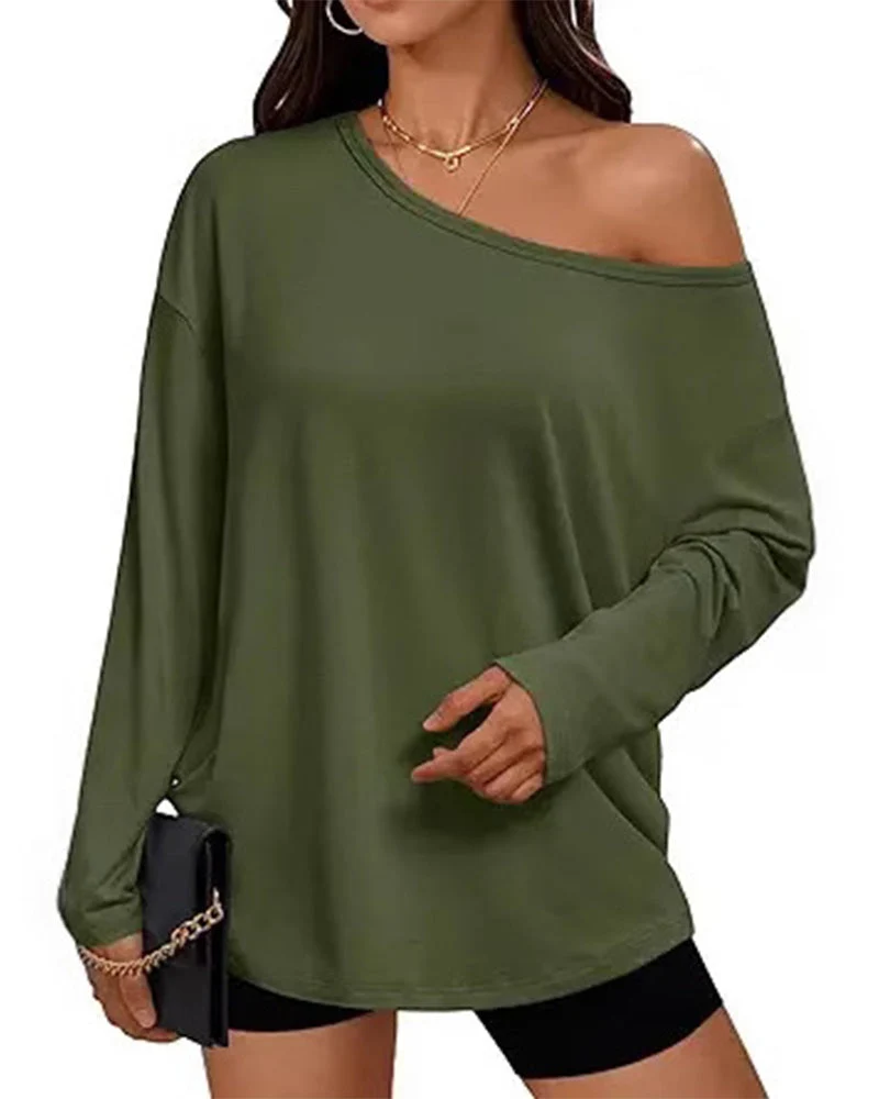 T-Shirt Une Épaule Unie Manches Longues