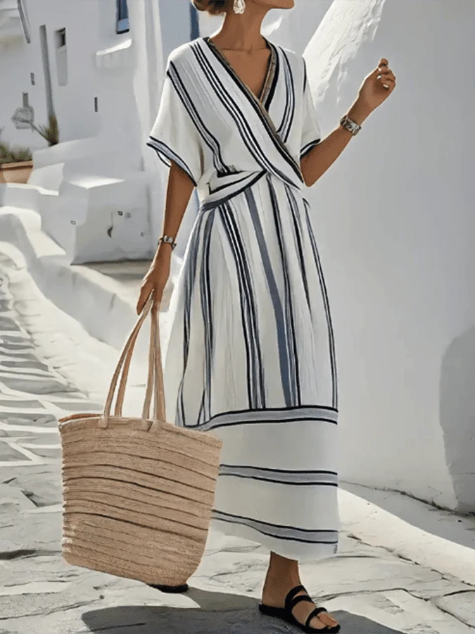 Robe Longue avec Encolure en V et Manches Courtes pour Femmes