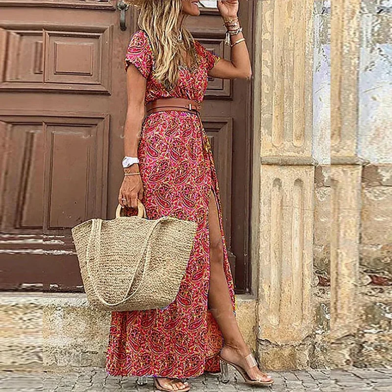 Robe longue bohème avec ceinture pour femmes
