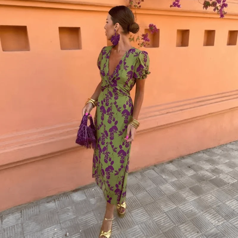 Robe Longue Imprimée à Manches Courtes pour Femmes