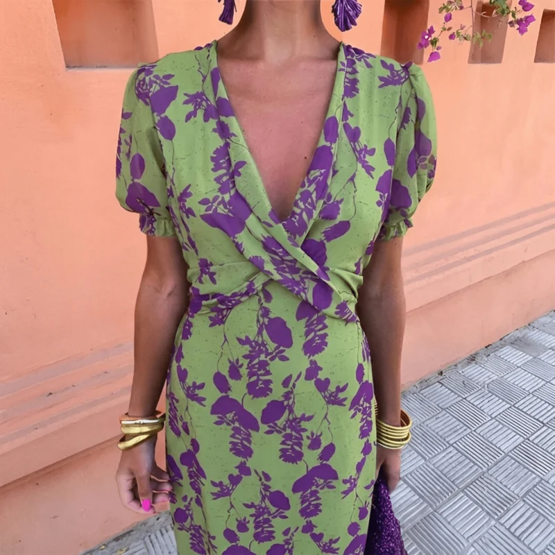 Robe Longue Imprimée à Manches Courtes pour Femmes