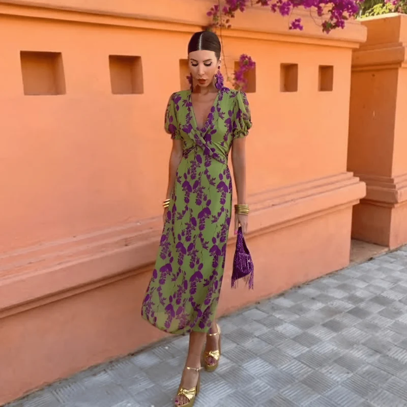 Robe Longue Imprimée à Manches Courtes pour Femmes