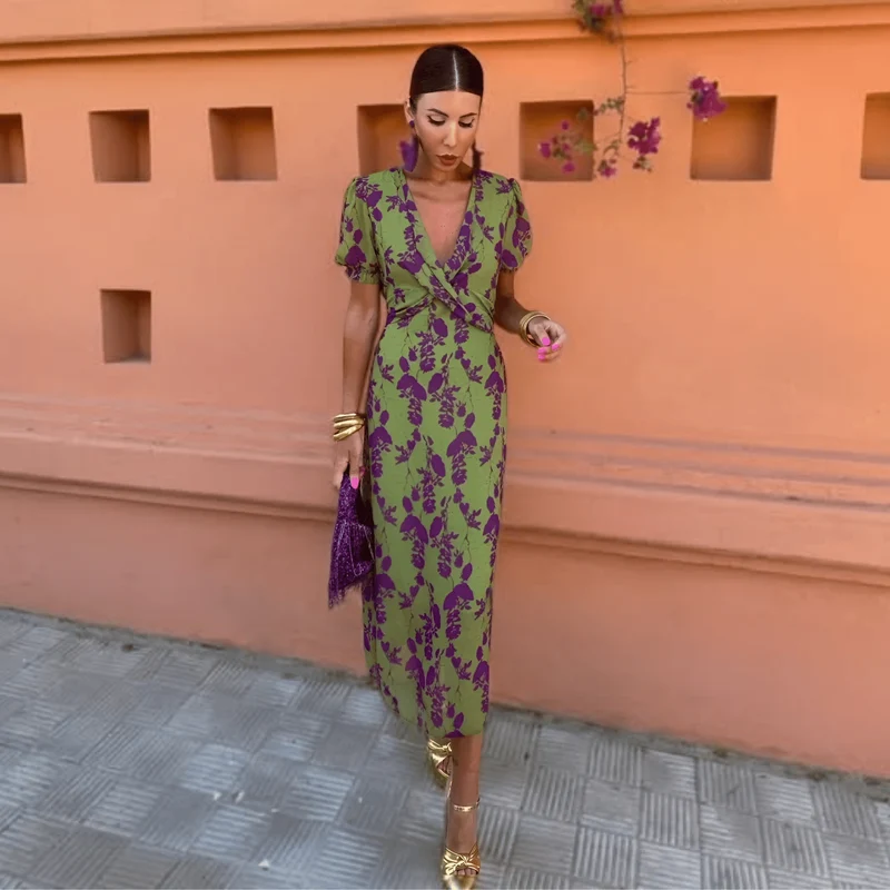Robe Longue Imprimée à Manches Courtes pour Femmes