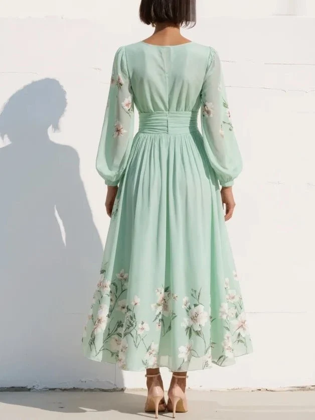 Robe Midi Plissée à Imprimé Floral et Encolure en V pour Femmes
