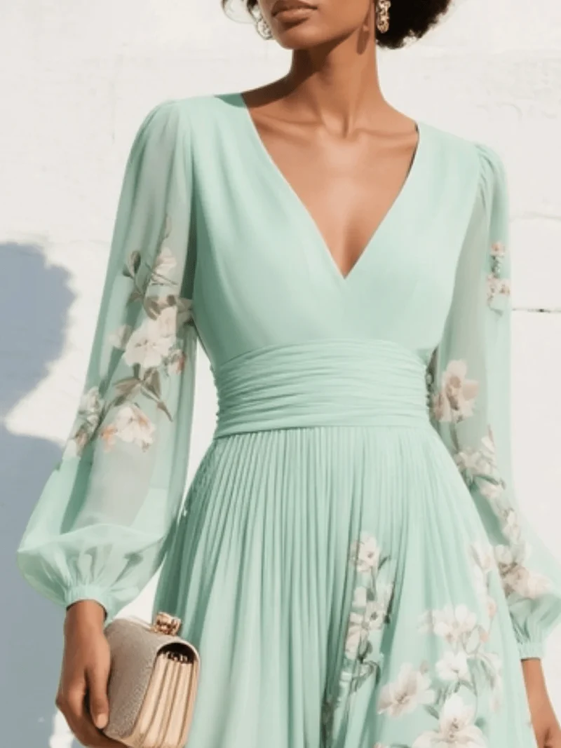 Robe Midi Plissée à Imprimé Floral et Encolure en V pour Femmes