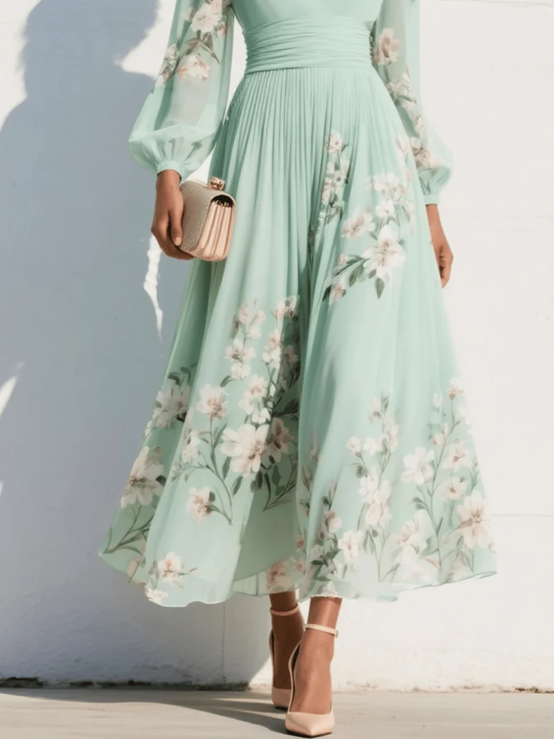 Robe Midi Plissée à Imprimé Floral et Encolure en V pour Femmes