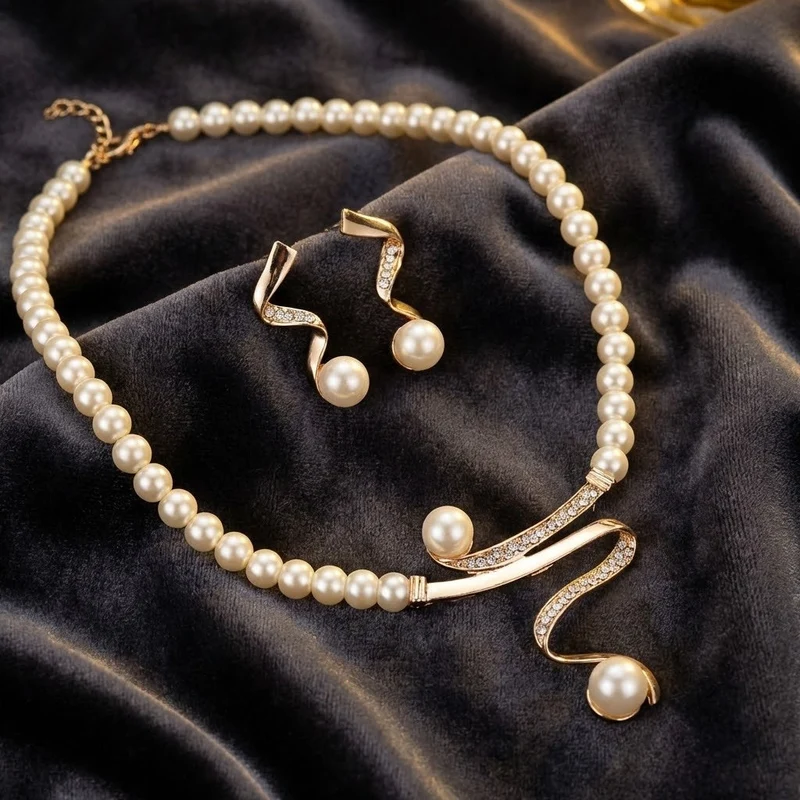 Parure Collier Perles avec Boucles d’Oreilles