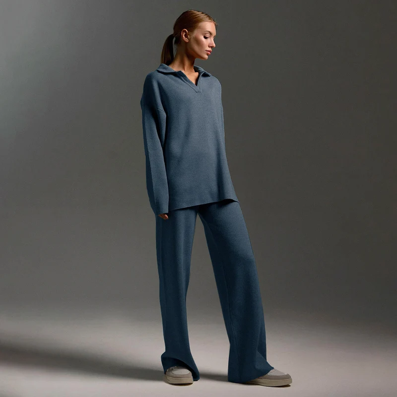 Ensemble Femme 2 Pièces avec Pull Polo et Pantalon Large