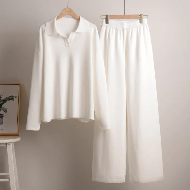 Ensemble Femme 2 Pièces avec Pull Polo et Pantalon Large