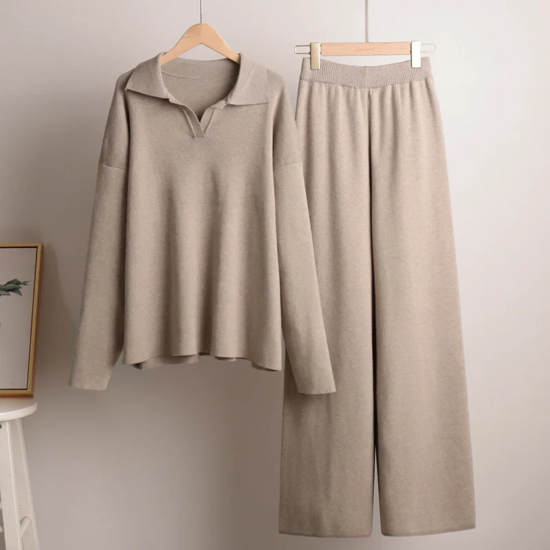 Ensemble Femme 2 Pièces avec Pull Polo et Pantalon Large