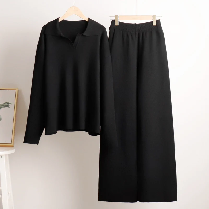 Ensemble Femme 2 Pièces avec Pull Polo et Pantalon Large