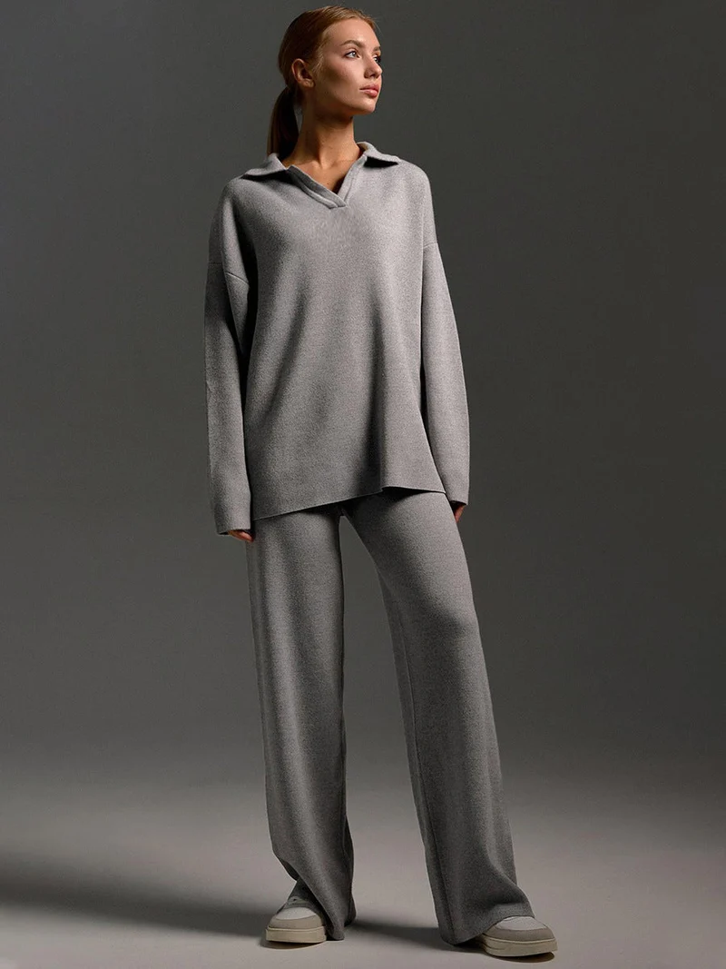 Ensemble Femme 2 Pièces avec Pull Polo et Pantalon Large
