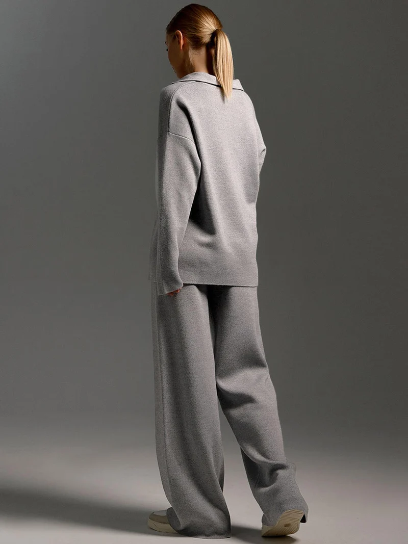 Ensemble Femme 2 Pièces avec Pull Polo et Pantalon Large