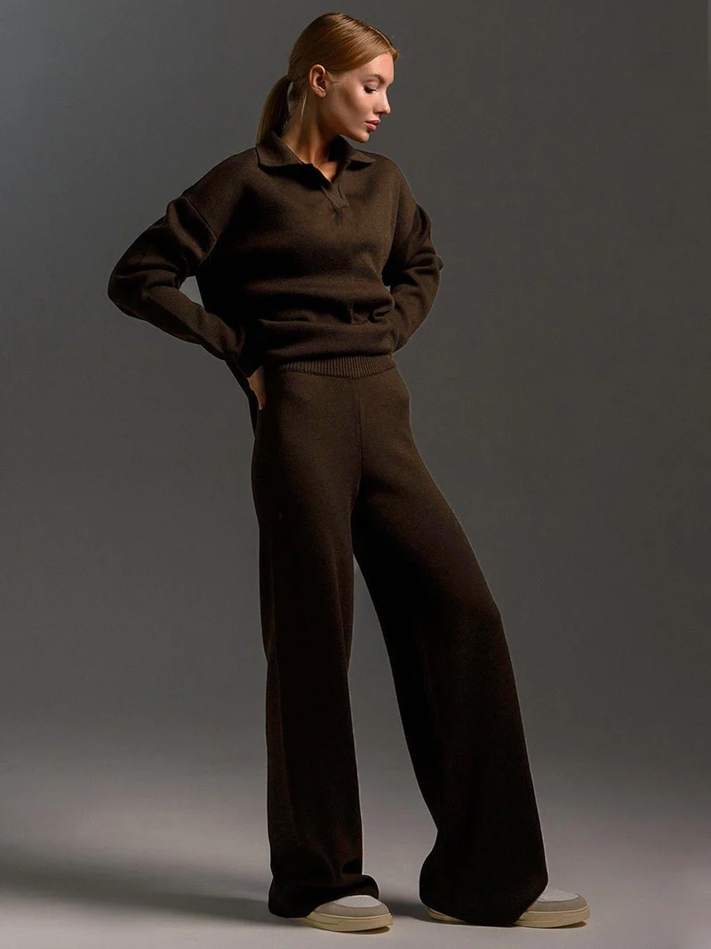 Ensemble Femme 2 Pièces avec Pull Polo et Pantalon Large