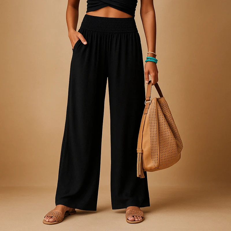 Pantalon Femme Taille Haute Coupe Large avec Taille Élastique