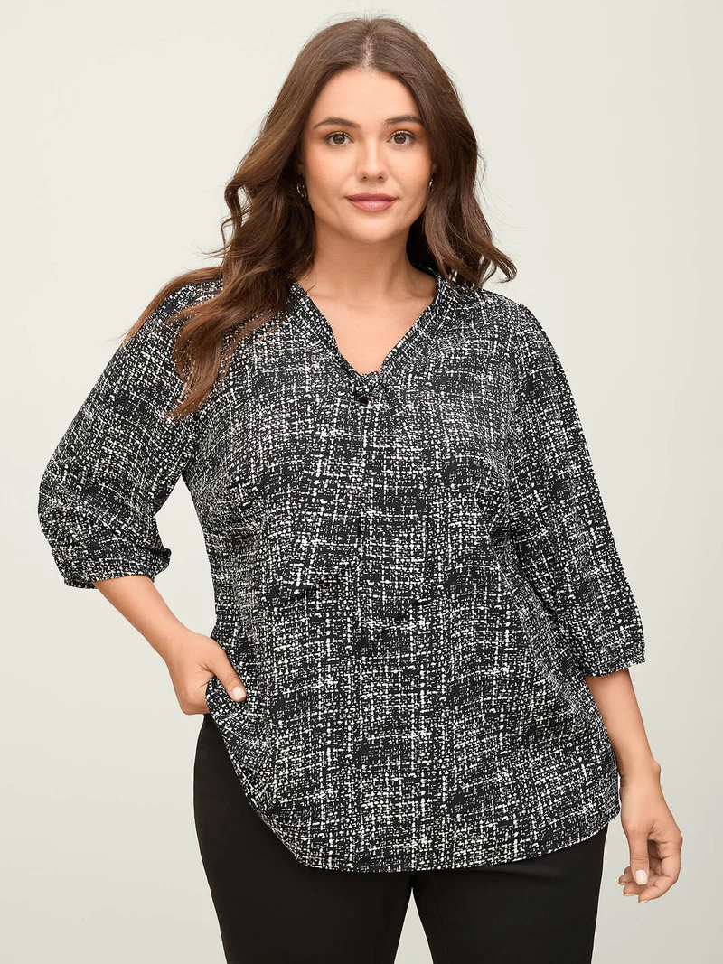Tweed Print Knot Neck Blouse