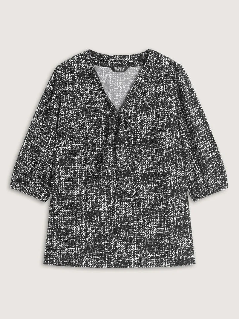 Tweed Print Knot Neck Blouse