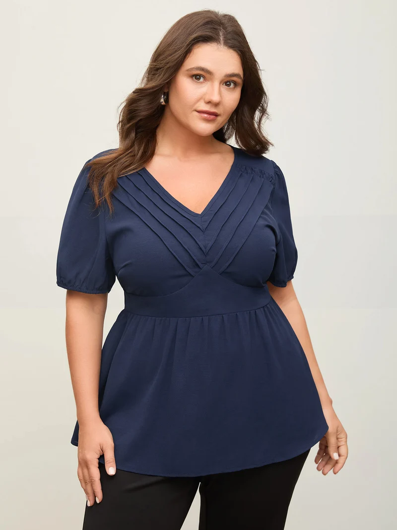 Lace Plicated Detail Cinched Flared Blouse
