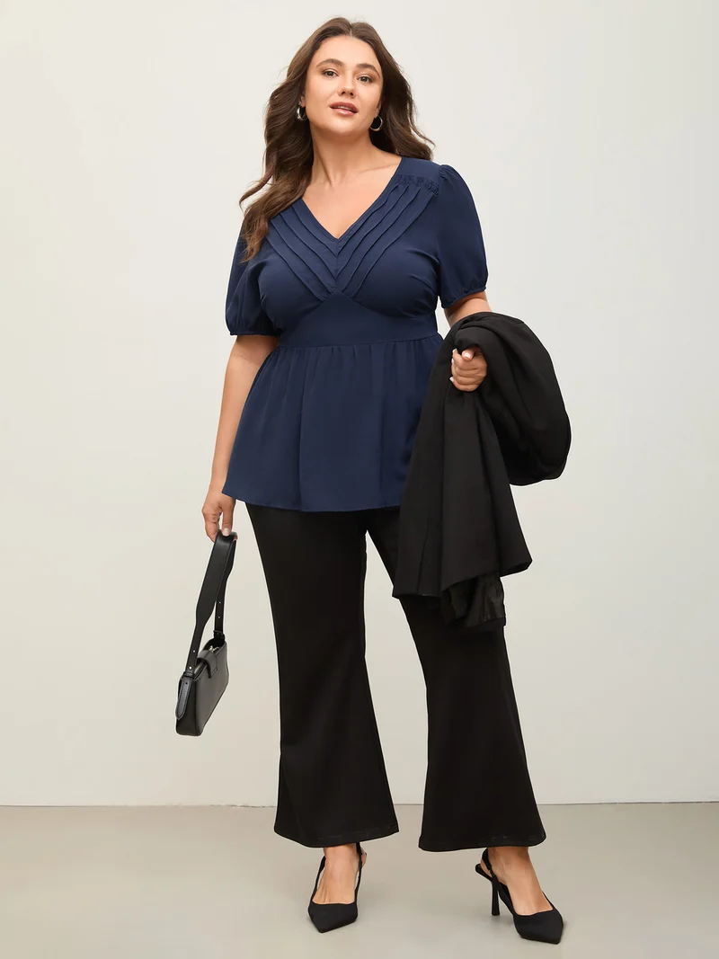 Lace Plicated Detail Cinched Flared Blouse