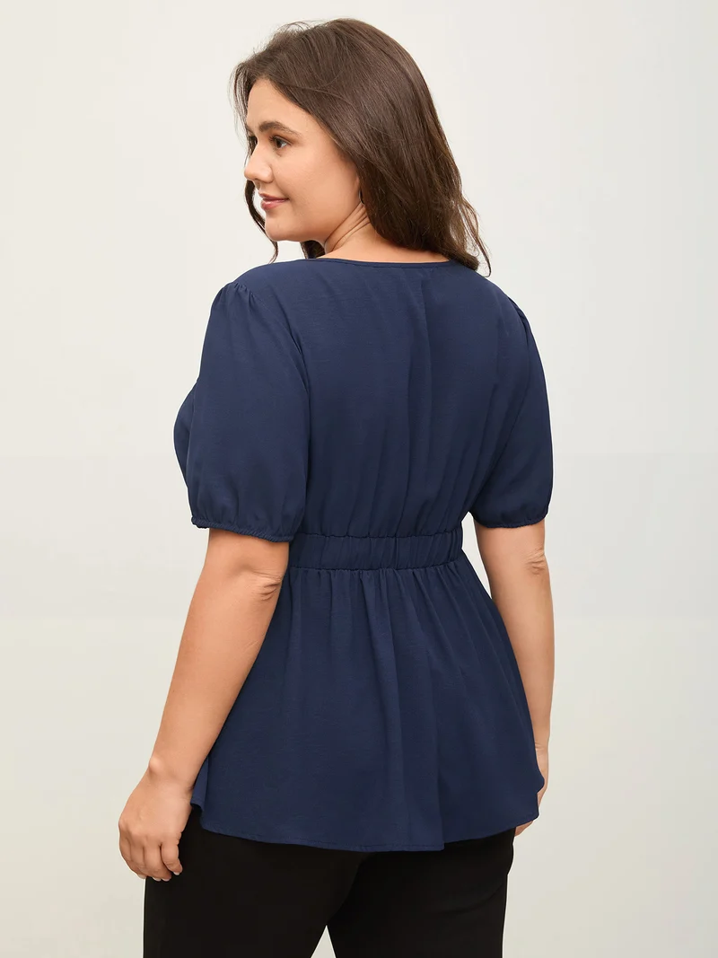 Lace Plicated Detail Cinched Flared Blouse