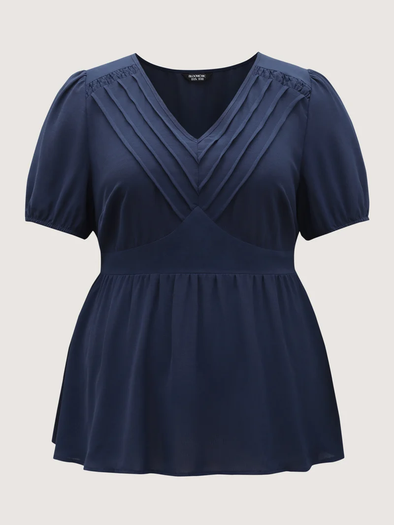 Lace Plicated Detail Cinched Flared Blouse