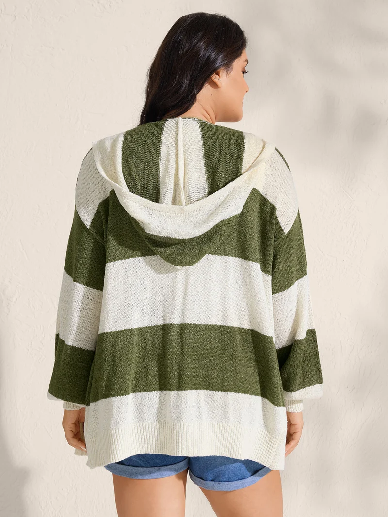 Textured Color Stripes Hooded Knit Cardigan