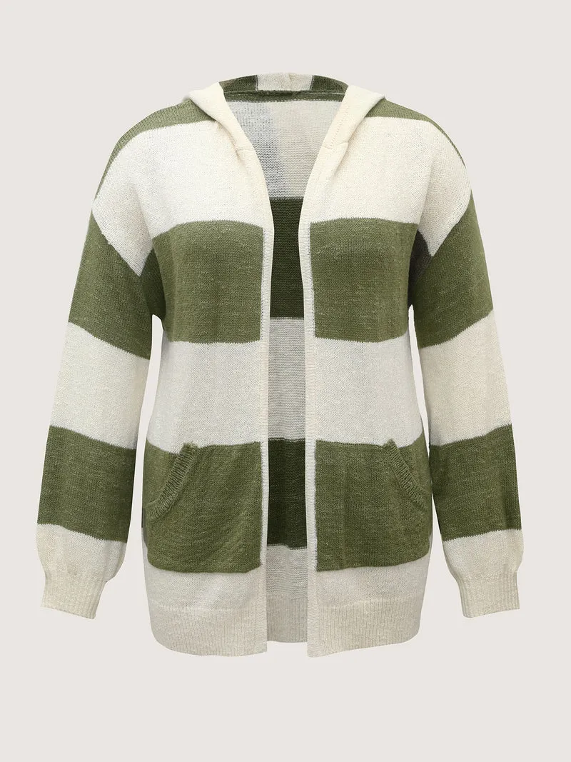 Textured Color Stripes Hooded Knit Cardigan