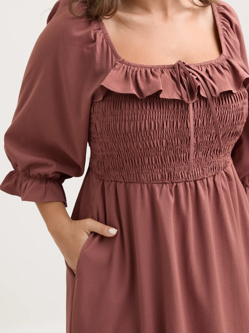 Ruffle Shirred Bodice Pockets Midi Dress