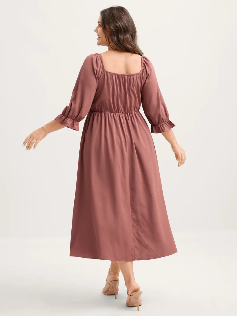 Ruffle Shirred Bodice Pockets Midi Dress