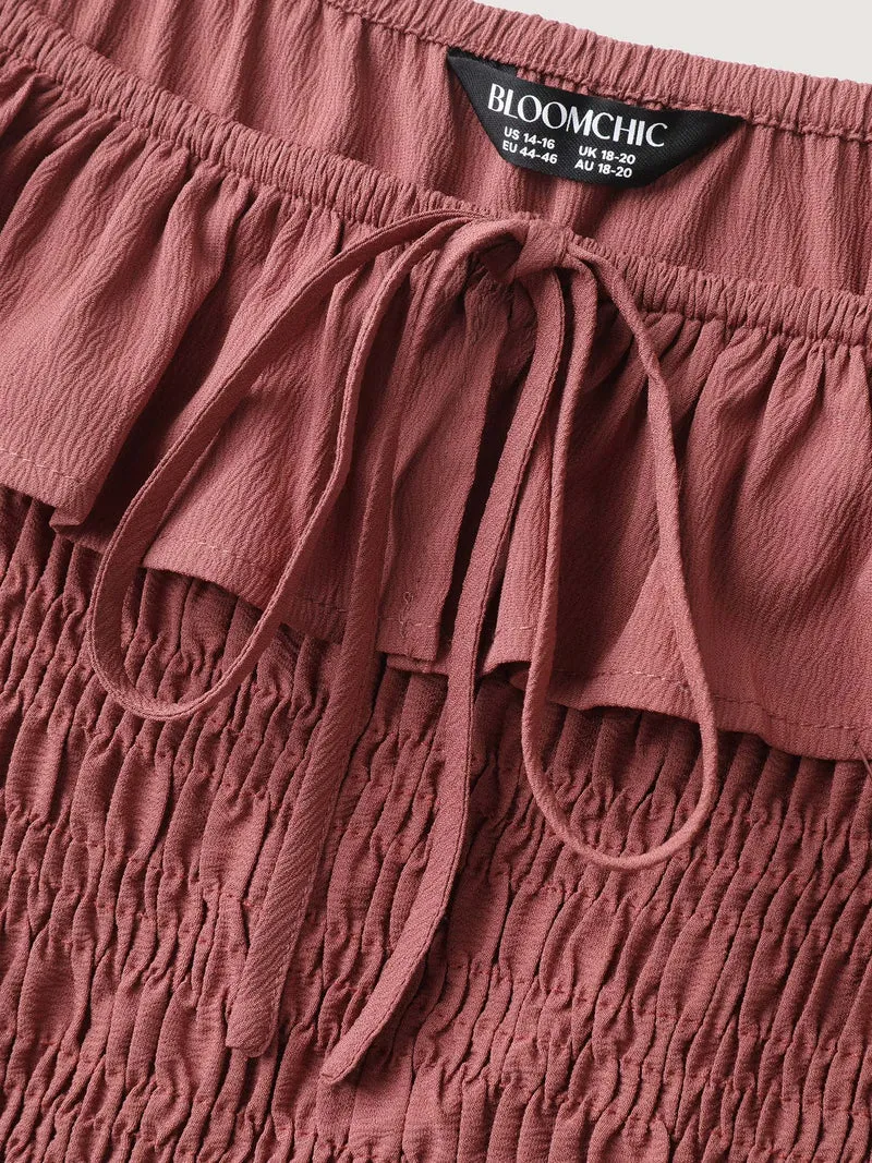 Ruffle Shirred Bodice Pockets Midi Dress
