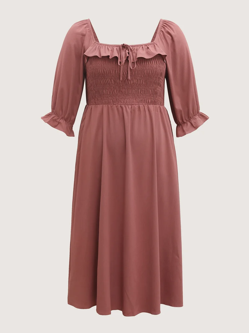 Ruffle Shirred Bodice Pockets Midi Dress
