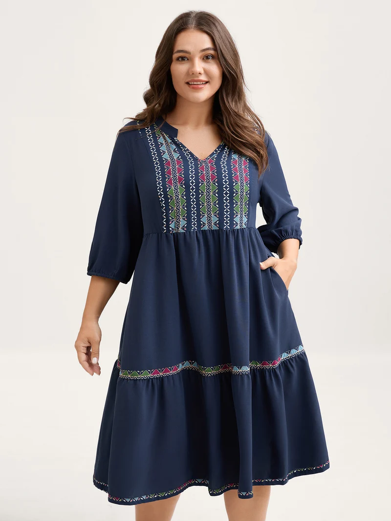 Geometric Colorful Trim Flowy Midi Dress