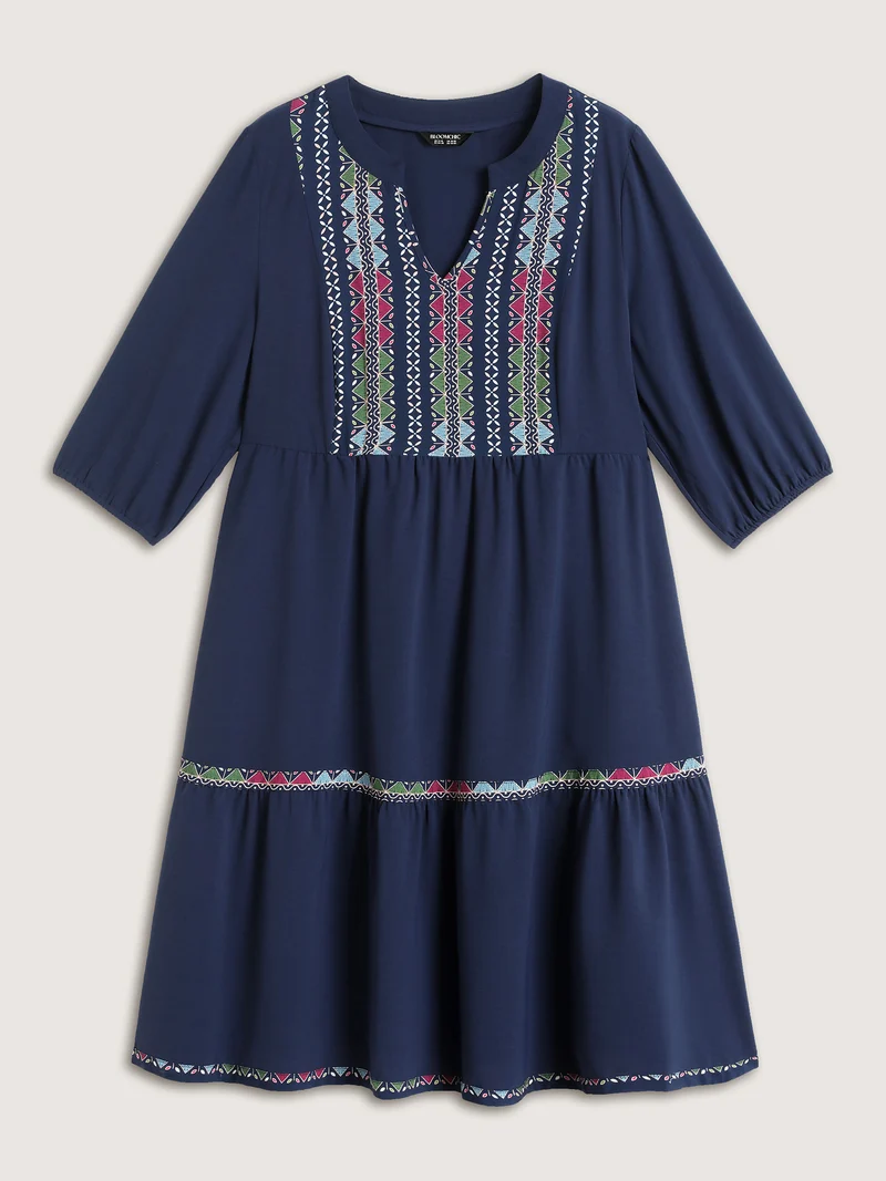 Geometric Colorful Trim Flowy Midi Dress